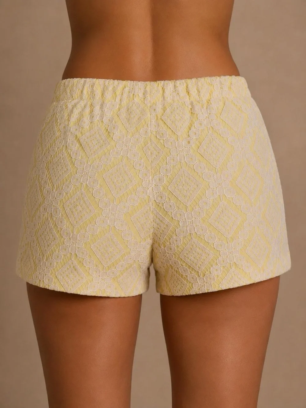 Vintage Yellow Lace Overlay High-Waist Shorts